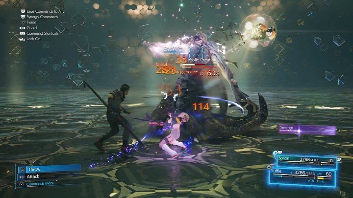 Gdy Diabloic Creation straci swoje ramię, będzie bardziej podatny na Staggerowanie, a to najlepszy moment, by skorzystać z magii lodu (Blizzard/Blizzara) lub mocnych ataków fizycznych - Final Fantasy VII Remake Intermission: A New Threat - solucja, opis przejścia - Final Fantasy VII Remake - poradnik do gry