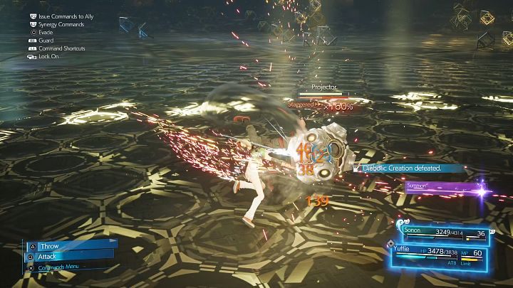 Po zniszczeniu diabolicznej istoty, The Projector straci swoją tarczę i będzie podatny na ataki - Final Fantasy VII Remake Intermission: A New Threat - solucja, opis przejścia - Final Fantasy VII Remake - poradnik do gry