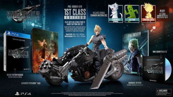 Edycja 1st Class zawiera artbook, płytę CD z muzyką z gry, steelbook, wysoką figurkę Clouda Strifea wraz z modelem jego motocykla - Hardy Daytona - Final Fantasy VII Remake: Edycje gry - Final Fantasy VII Remake - poradnik do gry