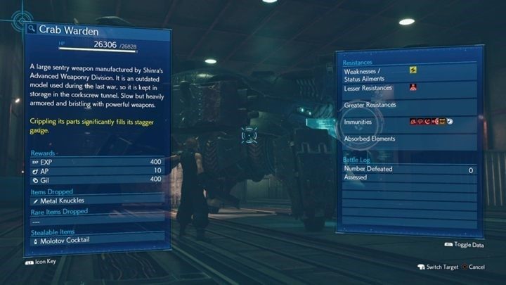 Crab Warden ma 26828 HP i jest podatny na ataki elektryczne, dlatego Thundara powinna Cię wspomagać przez cały pojedynek - Final Fantasy VII Remake: Crab Warden - boss, walka - Final Fantasy VII Remake - poradnik do gry