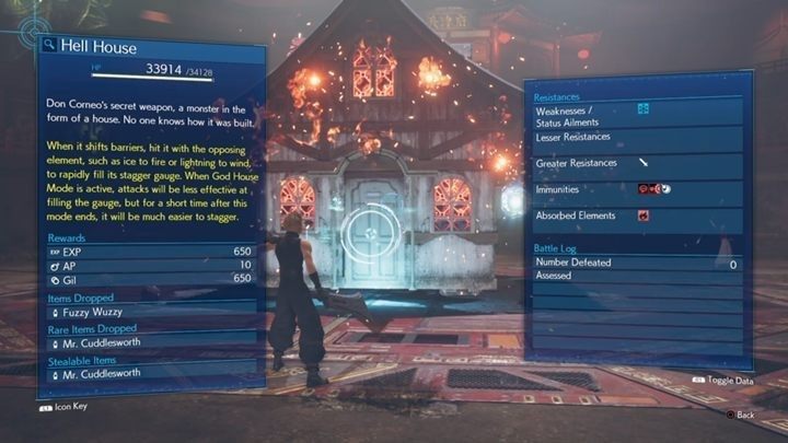 Hell House ma 34128 HP i jest podatny na żywioł lodu (Ice), ale za to jest niezwykle odporny na ataki fizyczne - Final Fantasy VII Remake: Hell House - boss, walka - Final Fantasy VII Remake - poradnik do gry