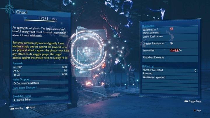 Ghoul ma 18683 HP i jest podatny na ogień (Fire), ale za to jest niezwykle odporny na obrażenia fizyczne, więc ataki Clouda nie zrobią mu krzywdy - Final Fantasy VII Remake: Ghoul - boss, walka - Final Fantasy VII Remake - poradnik do gry