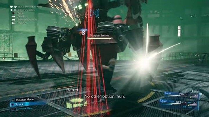 W tym momencie na obszernej arenie pojawi się pierwszy boss gry Final Fantasy VII Remake -Scorpion Sentinel - Final Fantasy VII Remake: The Destruction of Mako Reactor 1 - solucja - Final Fantasy VII Remake - poradnik do gry