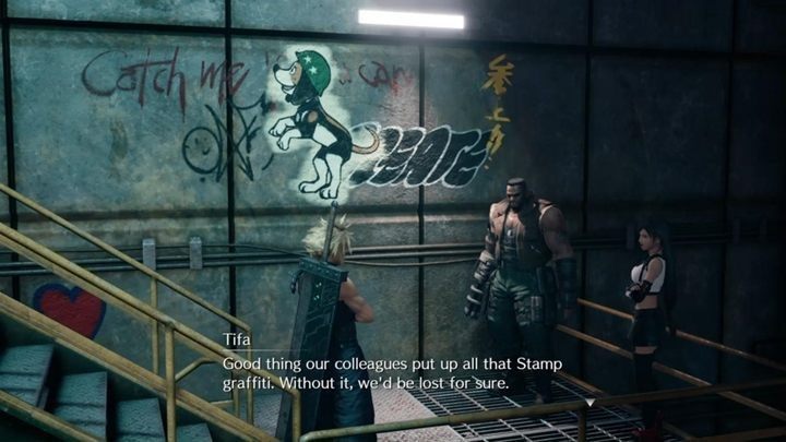 Twoim zadaniem jest dotrzeć do charakterystycznego graffiti z psem - biegnij wzdłuż tunelu, pokonując po drodze napotkanych wrogów - Final Fantasy VII Remake: Dogged Pursuit - solucja - Final Fantasy VII Remake - poradnik do gry