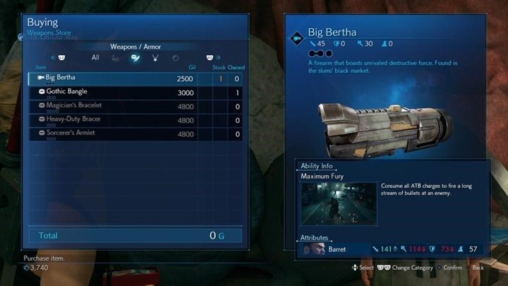 Po wyjściu z kanałów warto udać się do handlarza bronią i zakupić nową broń dla Barreta - Big Bertha - Final Fantasy VII Remake: A Broken World - solucja - Final Fantasy VII Remake - poradnik do gry