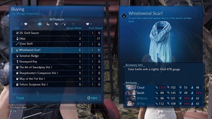 Handlarz ma bardzo cenne i unikatowe przedmioty, których nigdzie indziej nie dostaniesz, więc warto rozważyć zakup wszystkich/większości - Final Fantasy VII Remake: The Mysterious Moogle Merchant, solucja, quest - Final Fantasy VII Remake - poradnik do gry