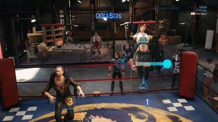 Tak jak w przypadku przysiadów, w trakcie podciągania na drążku musisz naciskać przyciski w odpowiednim tempie i kolejności - Final Fantasy VII Remake: Wavering Heart, solucja, quest - Final Fantasy VII Remake - poradnik do gry