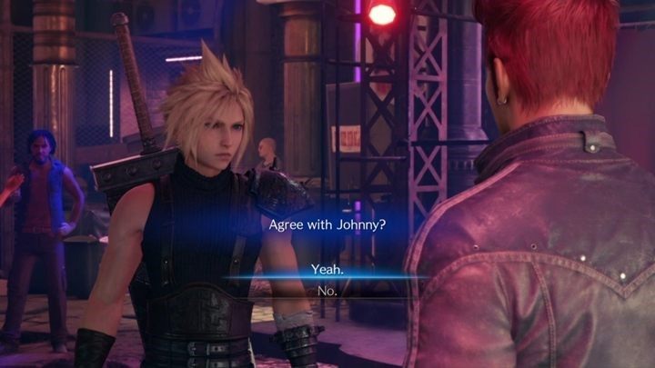 Gdy dobiegniesz do Johnnego pomów z nim, a następnie wybierz opcje Yeah, by zgodzić się z mężczyzną - Final Fantasy VII Remake: Vagabond Johnny - discoveries, solucja - Final Fantasy VII Remake - poradnik do gry