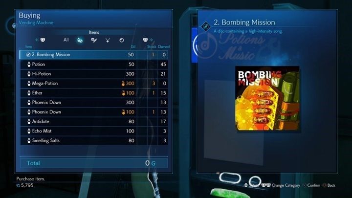 Komentarz: do kupienia w Chapter 8 Budding Bodyguard, w Vending Machine, tuż przed walką z Airbusterem - Final Fantasy VII Remake: Music Collection - płyty, spis, jak znaleźć wszystkie - Final Fantasy VII Remake - poradnik do gry