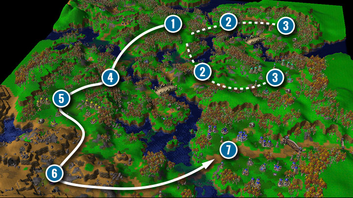 Na tej mapie jest rozsianych wiele baz i posterunków Elfów, ale musisz pokonać tylko jednego przeciwnika pilnującego bramy do uzyskania zwycięstwa (przeciwnik koloru niebieskiego) - Wieczne Królestwo | Solucja Warcraft 3 Reforged - Warcraft 3 Reforged - poradnik do gry