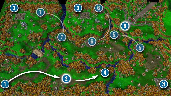 Konstrukcja mapy jest bardzo nietypowa, ponieważ cały obszar jest podzielony na wyspy, oddzielone głęboką rzeką - Klucz Trzech Księżyców | Solucja Warcraft 3 Reforged - Warcraft 3 Reforged - poradnik do gry