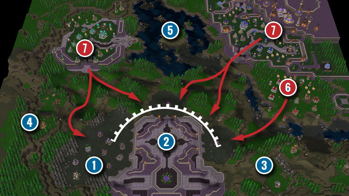 Misję rozpoczynasz u dolnej krawędzi mapy (1), natomiast KelThuzad znajduje się w środkowej części mapy (2) - Pod płonącym niebem | Solucja Warcraft 3 Reforged - Warcraft 3 Reforged - poradnik do gry