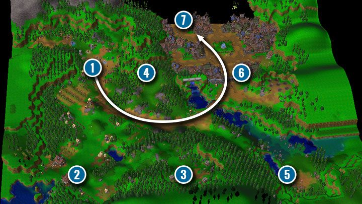Rozpoczynasz misję w obozie nieopodal celu misji (1), którym jest miasto Strahnbrad (6) - Obrona Strahnbradu | Solucja Warcraft 3 Reforged - Warcraft 3 Reforged - poradnik do gry