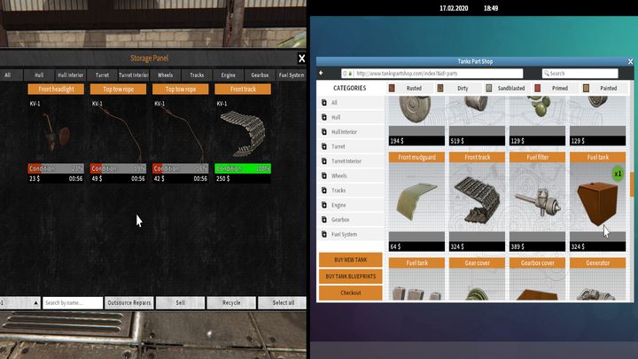 Okno z lewej służy do napraw poprzez zlecenie wykonania usługi na zewnątrz, po prawej okno do kupienia nowych części. - Naprawa czołgów w Tank Mechanic Simulator - Tank Mechanic Simulator - poradnik do gry