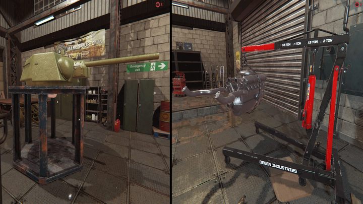 Podnośnik do wieżyczki (po lewej) oraz silnika (po prawej) pomogą Ci przy diagnostyce i naprawach. - Naprawa czołgów w Tank Mechanic Simulator - Tank Mechanic Simulator - poradnik do gry