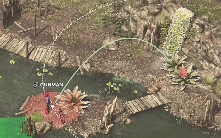 Kate może rzucać fiolkami na dość duże odległości - gra pozwala zaplanować miejsce lądowania i czerwony okrąg na ziemi wskaże ci postacie, które mogą znaleźć się w zasięgu tej umiejętności - Desperados 3: Kate OHara | Grywalni bohaterowie - Desperados 3 - poradnik do gry