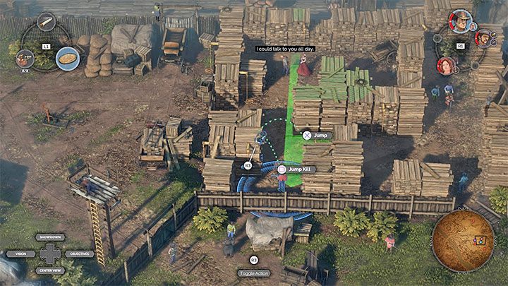 Plac sąsiadujący z miejscem stacjonowania przeciwnika Long Coat jest obserwowany przez snajpera (M6,8) - skorzystaj z pistoletu z lunetą McCoya żeby się go pozbyć zanim zaczniesz zajmować się eliminowaniem tutejszych wrogów - Desperados 3: Wariant 1 - Znajdź dynamit na strzelnicy, 6 Misja - solucja - Desperados 3 - poradnik do gry