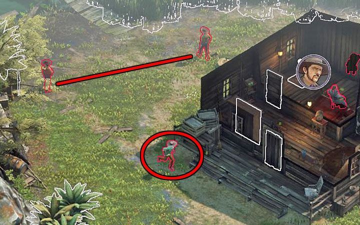 Koniecznie musisz zająć się wyeliminowaniem zaznaczonego na powyższym obrazku przeciwnika w zielonej koszuli - Desperados 3: Uwolnij McCoya, 9 Misja - solucja, opis przejścia - Desperados 3 - poradnik do gry