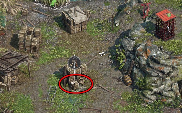 Wspólny klucz do obu klatek (Kate i Hectora) leży na jednej ze skrzyń niedaleko klatki Kate (M9,15) - Desperados 3: Uwolnij Kate i Hectora, 9 Misja - solucja, opis przejścia - Desperados 3 - poradnik do gry