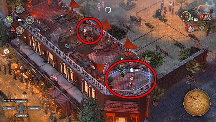 Zacznij flirtować Kate z zaznaczonym na obrazku bandytą po to żeby skupił na niej swój wzrok - Desperados 3: Zdobądź przebranie, podsłuchaj rozmowy - solucja, opis przejścia - Desperados 3 - poradnik do gry