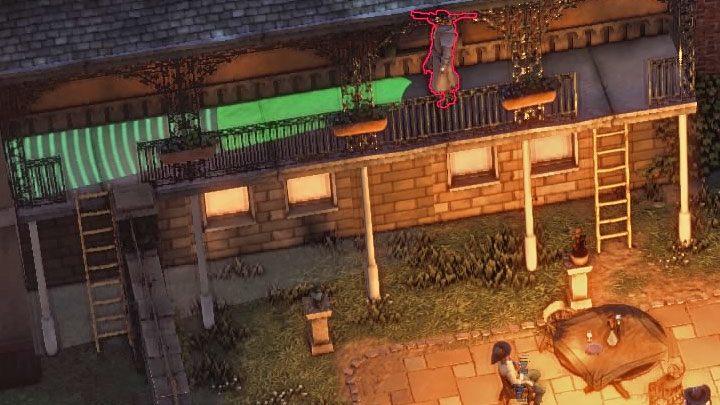 W zakradnięciu się do McGaina oraz w eliminowaniu przebiegających na terenie kawiarni standardowych przeciwników będzie przeszkadzał Long Coat przechadzający się po balkonikach - Desperados 3: Sprawdź 3 podejrzanych - solucja, opis przejścia - Desperados 3 - poradnik do gry