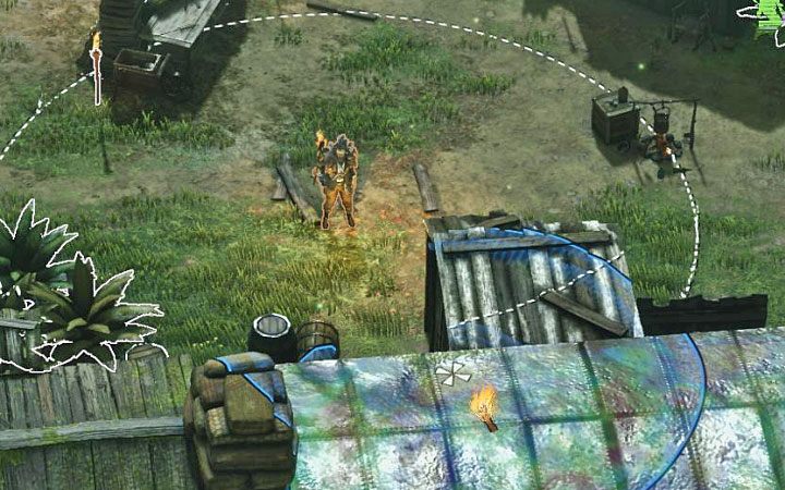 Wybierz dowolną postać i podnieś dowolną z palących się pochodni (w wersji na PC wciśnij CTRL i następnie kliknij na pochodni) - Desperados 3: Zinfiltruj i podpal Królową, 11 Misja - solucja, opis przejścia - Desperados 3 - poradnik do gry