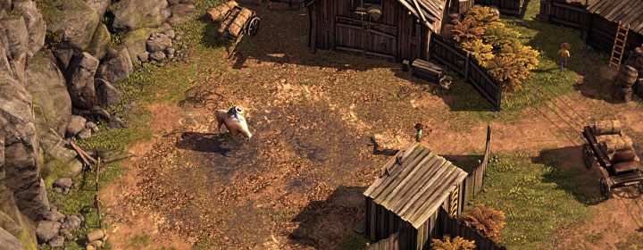 Jarvis próbuje ujeżdżać byka w stajni w południowo-zachodniej części mapy (M3,1) - Desperados 3: Ucieknij z zasadzki, zabij Jarvisa, 3 Misja - solucja - Desperados 3 - poradnik do gry