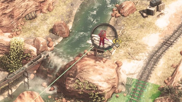 Zanim zajmiesz się zabezpieczeniem obozowiska z wagonikiem górniczym pozbądź się snajpera (M13,5), który okupuje jedną z bardziej oddalonych wież - Desperados 3: Przepchnij wagonik do bramy - solucja, opis przejścia - Desperados 3 - poradnik do gry