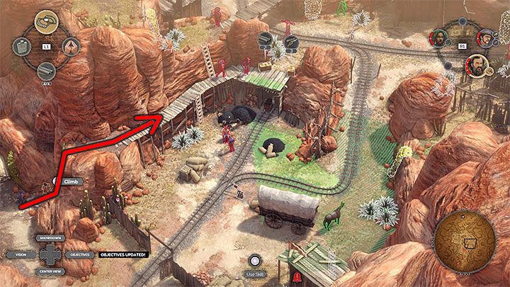 Ten wariant zakłada wybór prawej ścieżki (M13,10), czyli tej rozpoczynającej się w pobliżu stodoły, przed którą stoi zaparkowany wagonik z prochem strzelniczym - Desperados 3: Przepchnij wagonik do bramy - solucja, opis przejścia - Desperados 3 - poradnik do gry