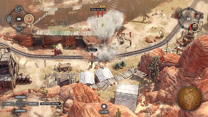 Po pozbyciu się bandytów z górnego poziomu zajmij się przeciwnikami ze środkowego poziomu i na sam koniec pozostaw sobie dolny poziom - Desperados 3: Uwolnij Kate i Coopera, zdetonuj wagonik - solucja, opis przejścia - Desperados 3 - poradnik do gry