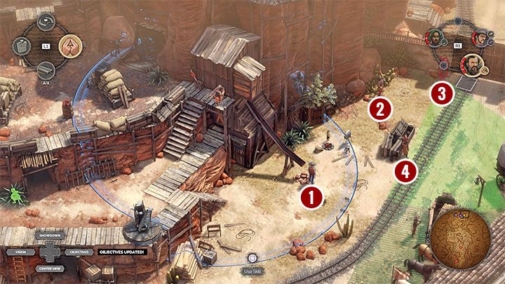 Dwóch pozostałych przeciwników Long Coat stacjonuje przy bramie (M3,17), którą będziesz musiał później wysadzić - Desperados 3: Uwolnij Kate i Coopera, zdetonuj wagonik - solucja, opis przejścia - Desperados 3 - poradnik do gry