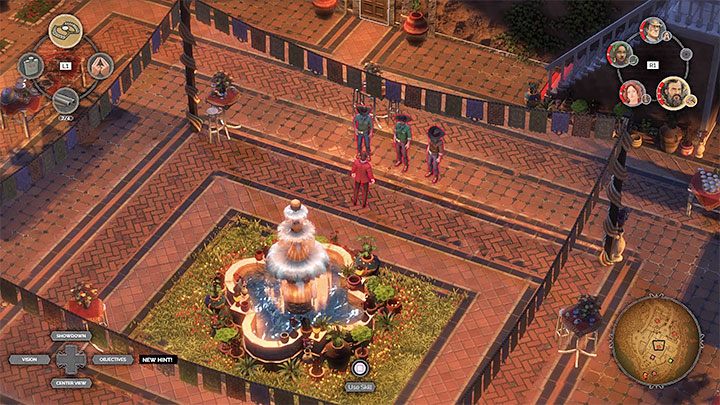 Devitt przebywa na wewnętrznym dziedzińcu posiadłości (M15,1) od samego początku misji, ale początkowo dotarcie do niego byłoby ekstremalnie trudne, gdyż w tej samej lokacji znajduje się mnóstwo gości zaproszonych na przyjęcie - Desperados 3: Ogłusz i porwij Devitta - solucja, opis przejścia - Desperados 3 - poradnik do gry