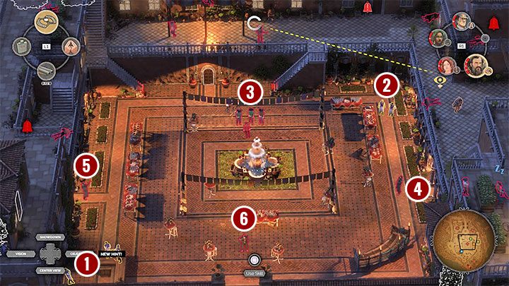 Docelowo powinieneś doprowadzić do sytuacji, w której na górnych poziomach (M15,19) nie będzie przebywał żaden przeciwnik zwrócony w stronę głównego dziedzińca (M15,10) - Desperados 3: Ogłusz i porwij Devitta - solucja, opis przejścia - Desperados 3 - poradnik do gry