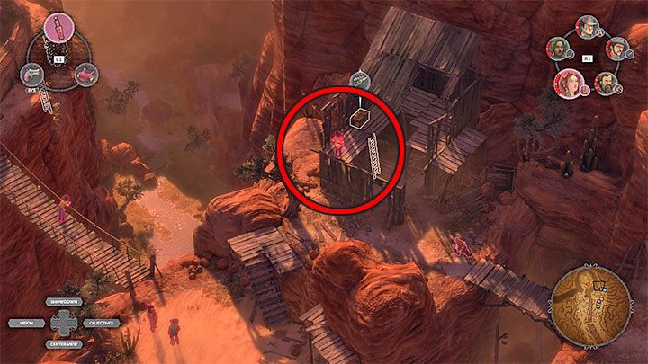 W trakcie przeprawy zwróć uwagę na zaznaczone na obrazku stanowisko snajperskie (M16,16) - Desperados 3: Dotrzyj do cmentarnej bramy - solucja, opis przejścia - Desperados 3 - poradnik do gry