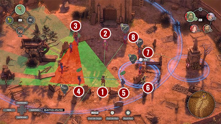 Powyższy obrazek prezentuje przykładowe poprawne ustawienie członków drużyny wraz z zaplanowaniem akcji dla każdego z nich - Desperados 3: Zabij Franka i jego ludzi - finałowy boss - solucja - Desperados 3 - poradnik do gry