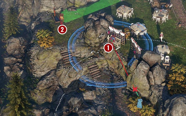 W trakcie podróżowania południową ścieżką koniecznie pozostawaj w pozycji przykucniętej, bo Cooper może zostać zauważony przez bandytę ze wschodniego balkonu posiadłości (M4,20) - Desperados 3: Dotrzyj Cooperem do biura burmistrza, 4 Misja - solucja - Desperados 3 - poradnik do gry