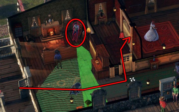 Po wdrapaniu się po bluszczu znajdziesz się tuż obok pojedynczego bandyty opierającego się o balustradę - Desperados 3: Dotrzyj Cooperem do biura burmistrza, 4 Misja - solucja - Desperados 3 - poradnik do gry