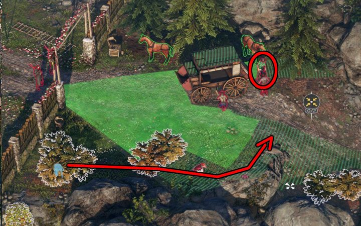 Pozbądź się Cooperem dwóch wartowników obok krzaków - jeden z nich stoi, drugi siedzi na krześle - Desperados 3: Ucieknij z posiadłości, 4 Misja - solucja, opis przejścia - Desperados 3 - poradnik do gry