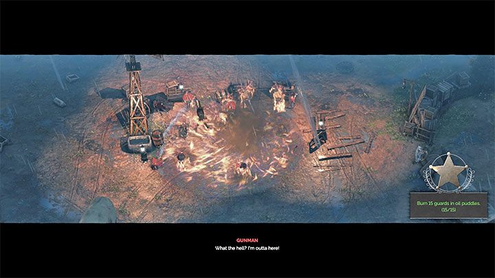 Wyzwanie to wymusza żeby pilnować się praktycznie przez całą misję i dążyć do podpalania jak największej liczby wrogów dzięki rzucaniu pochodniami w kałuże oleju smołowego - Desperados 3: 5 Misja - mapa, odznaki/wyzwania - Desperados 3 - poradnik do gry