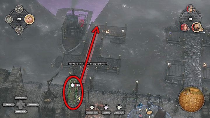 Koło parowca znajduje się na przeciwległym końcu mapy, na terenie przystani na lewo od bramy będącej głównym celem misji (M12,10) - Desperados 3: 12 Misja - mapa i odznaki/wyzwania - Desperados 3 - poradnik do gry