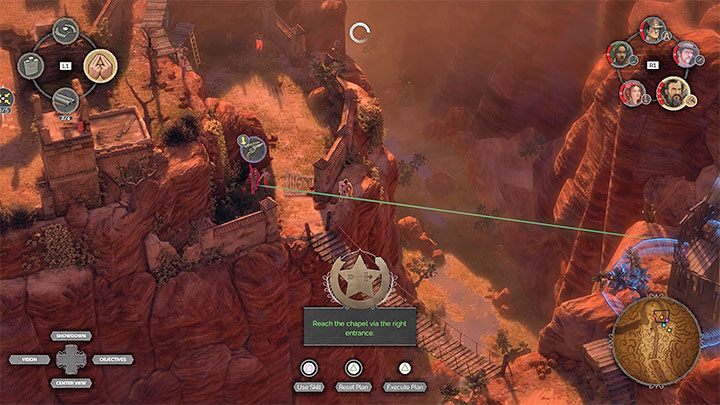 Prawa ścieżka (M16,18) dotyczy przejścia po moście i znacznie łatwiej się zakraść tym sposobem na wrogi teren - Desperados 3: 16 Misja - mapa i odznaki/wyzwania - Desperados 3 - poradnik do gry