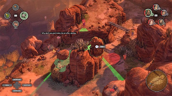 Drugi duży głaz (M16,6) możesz znaleźć w prawym obszarze, niedaleko miejsca, w którym Isabelle i McCoy rozpoczynają misję - Desperados 3: 16 Misja - mapa i odznaki/wyzwania - Desperados 3 - poradnik do gry