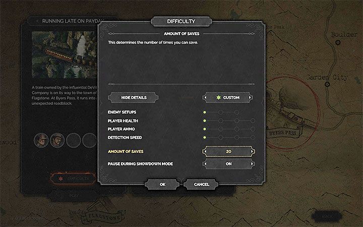 Podczas wybierania poziomu trudności możesz kliknąć na przycisku Show Details po to żeby rozwinąć szczegółowe informacje na temat założeń poziomu trudności - Desperados 3: Poziomy trudności - Desperados 3 - poradnik do gry