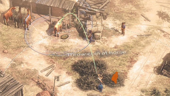 Główna ścieżka doprowadzi bohaterów do stajni (M1,4) i do rozegrania jest tu samouczek z używania trybu Showdown Mode, czyli z trybu pozwalającego planować akcje i następnie odpalać je wciśnięciem pojedynczego klawisza - Desperados 3: Podążaj za ojcem, 1 Misja - solucja, opis przejścia - Desperados 3 - poradnik do gry