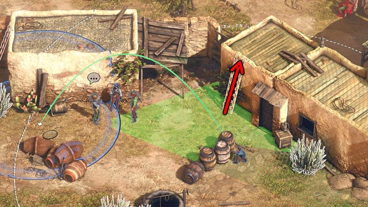 Upewnij się, że skradasz się żeby nie zostać zauważonym przez żadnego ze stojących dalej w wrogów (M1,6), a w szczególnie przez kobietę spoglądającą na południe - Desperados 3: Podążaj za ojcem, 1 Misja - solucja, opis przejścia - Desperados 3 - poradnik do gry