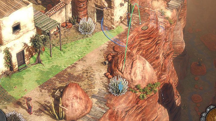 Kolejny cel misji to odwrócenie uwagi przeciwnika stojącego przy klifie (M1,8) - mowa tu o bandycie wysuniętym bardziej na północ - Desperados 3: Podążaj za ojcem, 1 Misja - solucja, opis przejścia - Desperados 3 - poradnik do gry