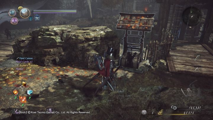 Za budynkiem znajduje się kolejna śluza, odblokuj ją i zejdź na dół po drabinie, woda zniknie z tamtejszej lokacji, przez co będziesz mógł swobodnie zejść na dół - Tajemniczy zamek jednej nocy | Solucja NiOh 2 - NiOh 2 - poradnik do gry