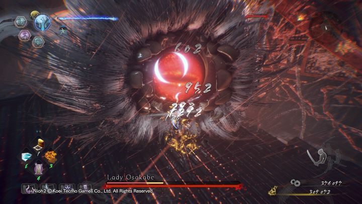 W momencie, gdy pokonasz cztery kończyny, na środku dachu opadnie główne oko, które musisz być jak najszybciej, aby zadać duże obrażenia - NiOh 2: Lady Osakabe - boss - NiOh 2 - poradnik do gry