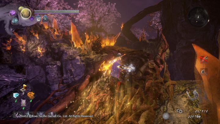 Gdy już przejdziesz po drzewie, zobaczysz obszar, w którym znajduje się mgła Yokai oraz stosy ciał leżące na ziemi - NiOh 2: Podziwianie kwiatów wiśni w Daigo, solucja - NiOh 2 - poradnik do gry