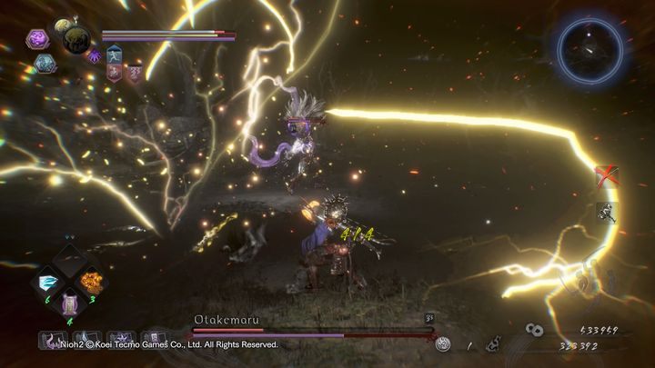 Otakemaru może wykonać szybkie cięcie na małą odległość, powodując, że w miejscu w którym wykonał dash, uderzą pioruny - NiOh 2: Otakemaru - boss - NiOh 2 - poradnik do gry